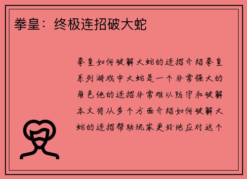 拳皇：终极连招破大蛇